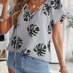 Khaki V-neck Short Sleeve Fashion Print Fantasy Fluttering Blouse