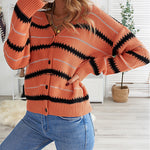 Apricot V Neck Stripes Colorblock Button Cardigan