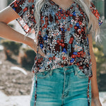 Khaki V-neck Short Sleeve Fashion Print Fantasy Fluttering Blouse