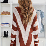 Khaki Striped Colorblock V Neck Knitted Sweater