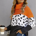 Orange Turtleneck Splicing Chunky Knit Pullover Sweater
