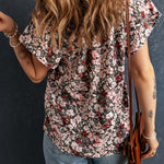 Khaki V-neck Short Sleeve Fashion Print Fantasy Fluttering Blouse