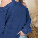 Blue Cool Breeze Cotton Cold Shoulder Sweater