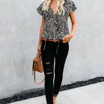 Khaki V-neck Short Sleeve Fashion Print Fantasy Fluttering Blouse