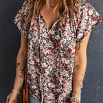 Khaki V-neck Short Sleeve Fashion Print Fantasy Fluttering Blouse