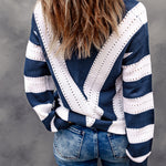 Khaki Striped Colorblock V Neck Knitted Sweater
