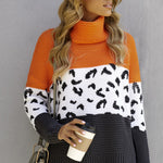 Orange Turtleneck Splicing Chunky Knit Pullover Sweater