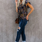 Khaki V-neck Short Sleeve Fashion Print Fantasy Fluttering Blouse