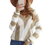 Khaki Striped Colorblock V Neck Knitted Sweater