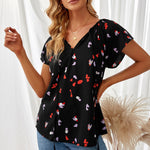 Khaki V-neck Short Sleeve Fashion Print Fantasy Fluttering Blouse