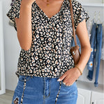 Khaki V-neck Short Sleeve Fashion Print Fantasy Fluttering Blouse
