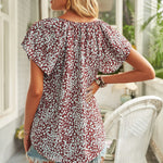 Khaki V-neck Short Sleeve Fashion Print Fantasy Fluttering Blouse
