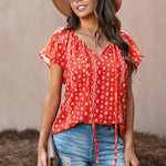 Khaki V-neck Short Sleeve Fashion Print Fantasy Fluttering Blouse