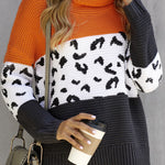 Orange Turtleneck Splicing Chunky Knit Pullover Sweater
