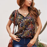 Khaki V-neck Short Sleeve Fashion Print Fantasy Fluttering Blouse