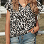 Khaki V-neck Short Sleeve Fashion Print Fantasy Fluttering Blouse