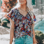 Khaki V-neck Short Sleeve Fashion Print Fantasy Fluttering Blouse