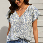 Khaki V-neck Short Sleeve Fashion Print Fantasy Fluttering Blouse