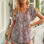 Khaki V-neck Short Sleeve Fashion Print Fantasy Fluttering Blouse