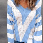 Khaki Striped Colorblock V Neck Knitted Sweater