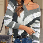 Khaki Striped Colorblock V Neck Knitted Sweater