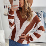 Khaki Striped Colorblock V Neck Knitted Sweater