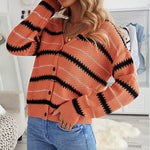 Apricot V Neck Stripes Colorblock Button Cardigan