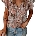 Khaki V-neck Short Sleeve Fashion Print Fantasy Fluttering Blouse