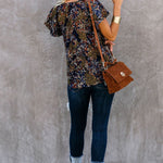 Khaki V-neck Short Sleeve Fashion Print Fantasy Fluttering Blouse