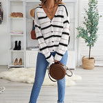 Apricot V Neck Stripes Colorblock Button Cardigan