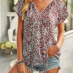 Khaki V-neck Short Sleeve Fashion Print Fantasy Fluttering Blouse