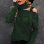 Black Strapped Cut out Shoulder Turtleneck Sweater