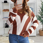 Khaki Striped Colorblock V Neck Knitted Sweater