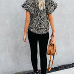 Khaki V-neck Short Sleeve Fashion Print Fantasy Fluttering Blouse