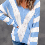 Khaki Striped Colorblock V Neck Knitted Sweater