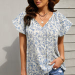 Khaki V-neck Short Sleeve Fashion Print Fantasy Fluttering Blouse