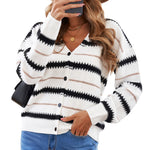 Apricot V Neck Stripes Colorblock Button Cardigan