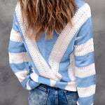 Khaki Striped Colorblock V Neck Knitted Sweater