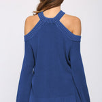 Blue Cool Breeze Cotton Cold Shoulder Sweater