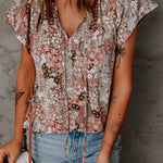 Khaki V-neck Short Sleeve Fashion Print Fantasy Fluttering Blouse