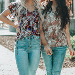 Khaki V-neck Short Sleeve Fashion Print Fantasy Fluttering Blouse