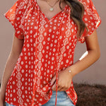 Khaki V-neck Short Sleeve Fashion Print Fantasy Fluttering Blouse