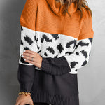 Orange Turtleneck Splicing Chunky Knit Pullover Sweater
