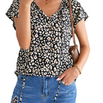 Khaki V-neck Short Sleeve Fashion Print Fantasy Fluttering Blouse