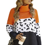 Orange Turtleneck Splicing Chunky Knit Pullover Sweater