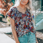 Khaki V-neck Short Sleeve Fashion Print Fantasy Fluttering Blouse