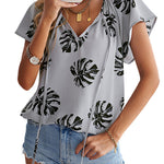 Khaki V-neck Short Sleeve Fashion Print Fantasy Fluttering Blouse