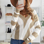 Khaki Striped Colorblock V Neck Knitted Sweater