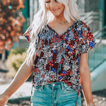 Khaki V-neck Short Sleeve Fashion Print Fantasy Fluttering Blouse