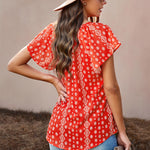 Khaki V-neck Short Sleeve Fashion Print Fantasy Fluttering Blouse